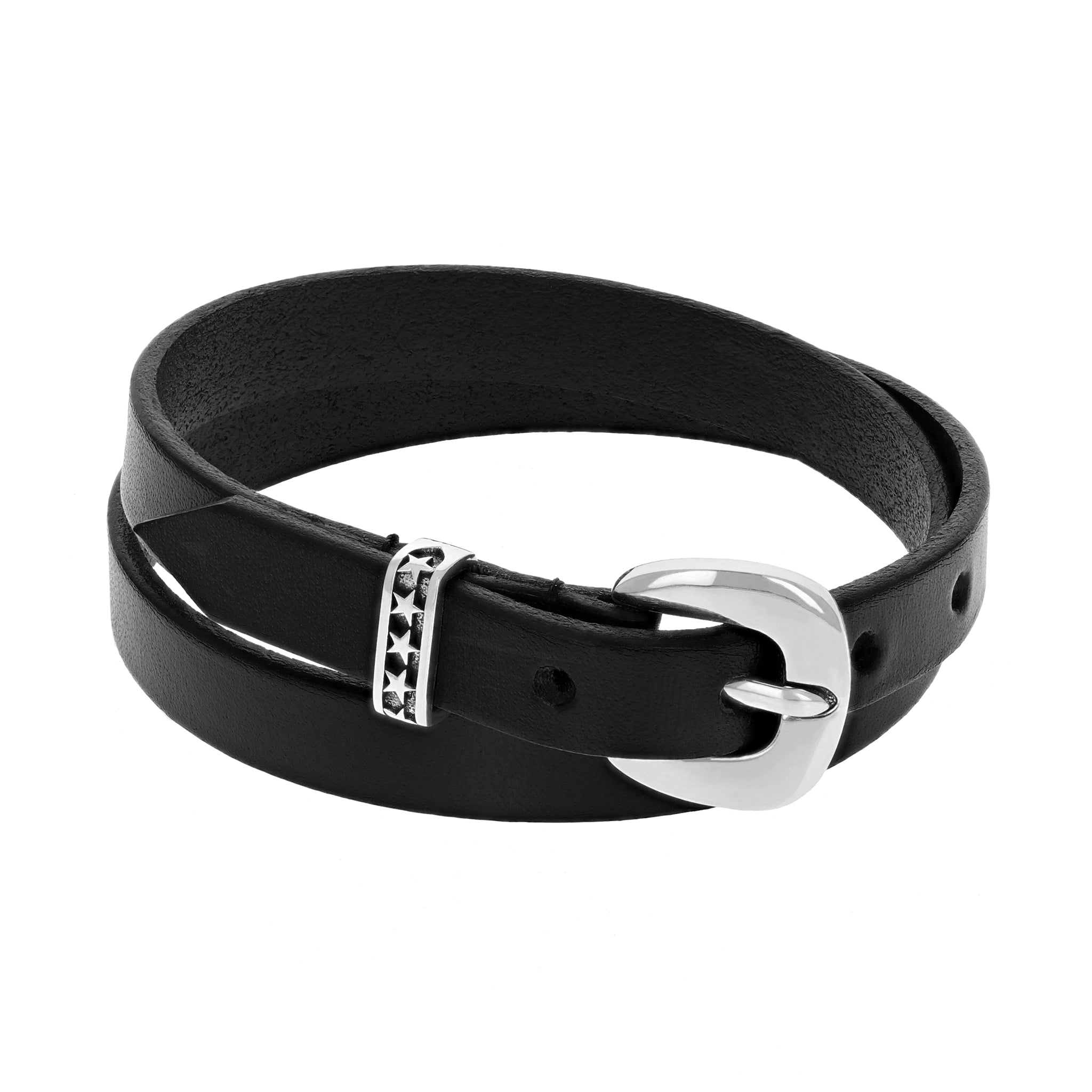 Black Double Wrap Leather Bracelet with Buckle and Stars on the Strap Keeper