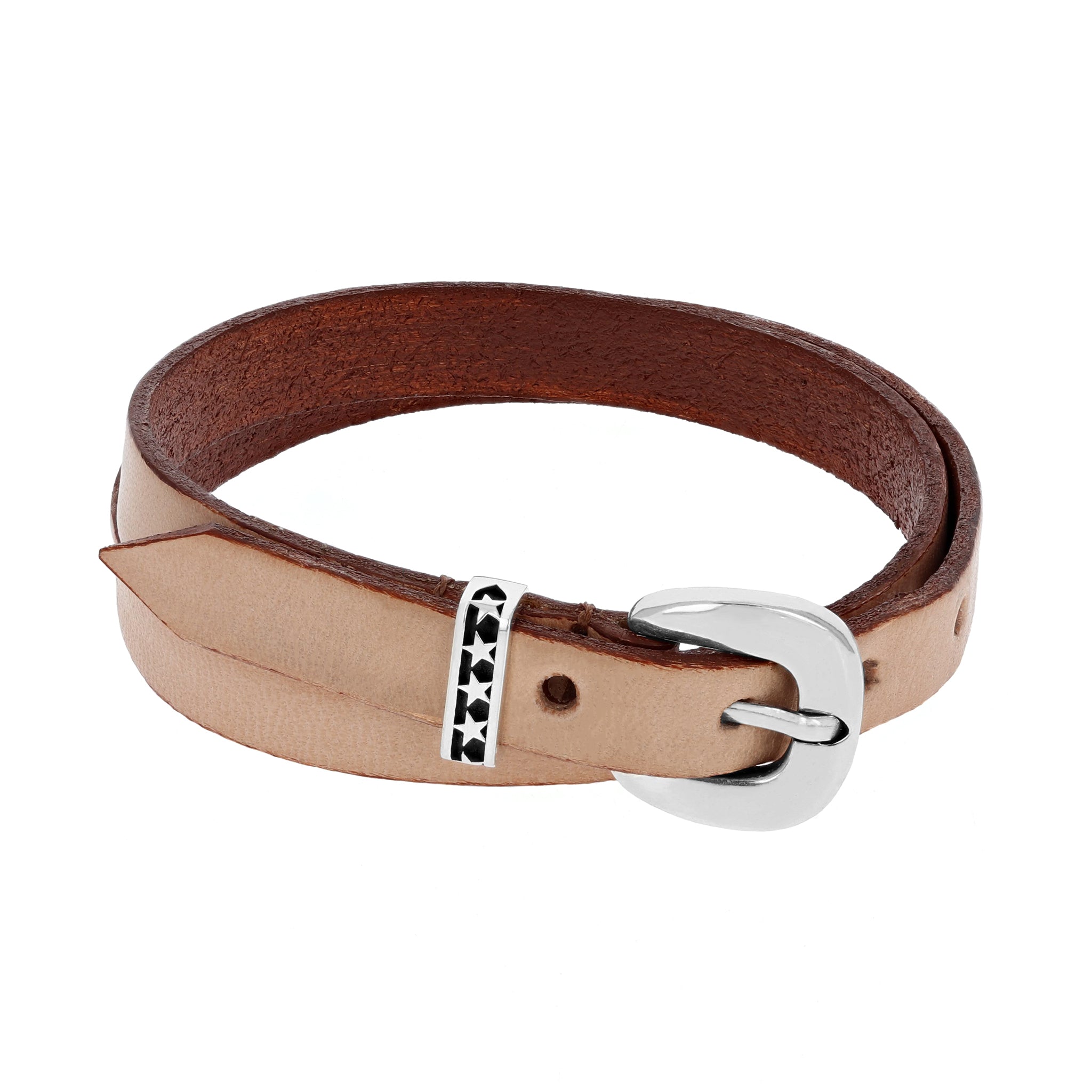 Brown Double Wrap Leather Bracelet with Silver Buckle and Stars on the Keeper