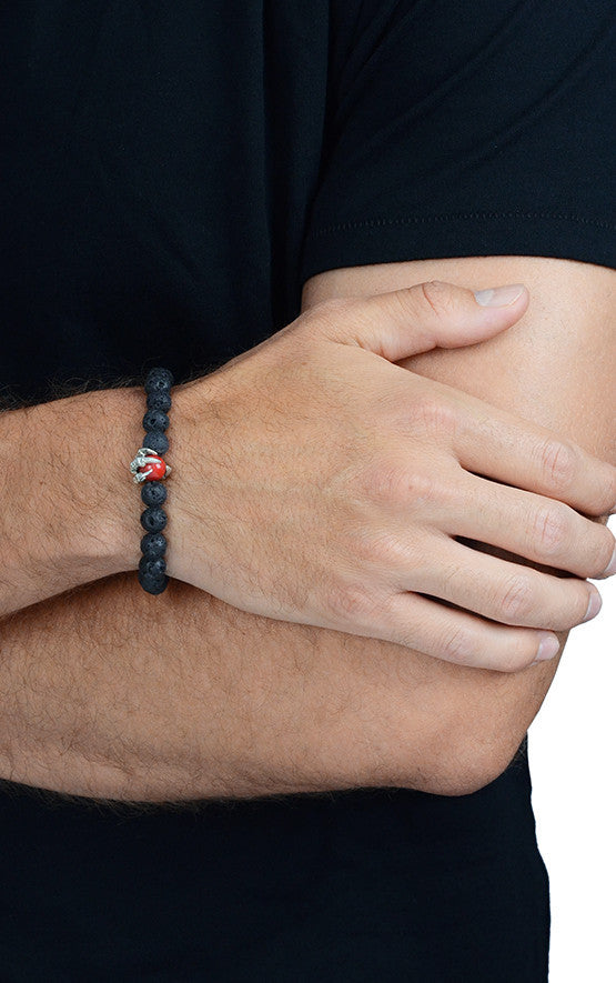 8mm Lava Rock Bracelet w/ Raven Claw Red Coral Bead