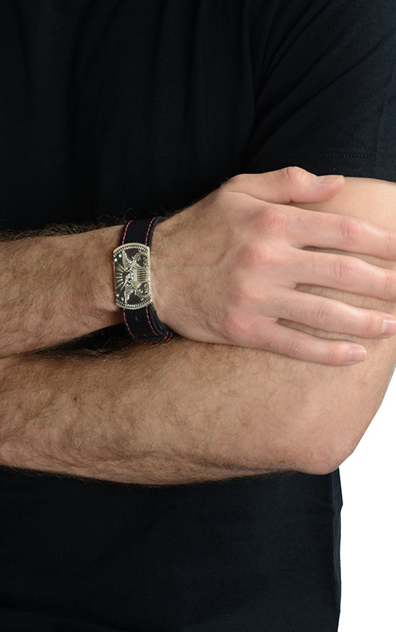 Sterling Silver Eagle Buckle on Black Leather Bracelet