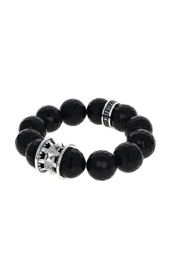 16mm Black Faceted Agate Queen Bead Bracelet w/Spike Spacer and Logo Ring