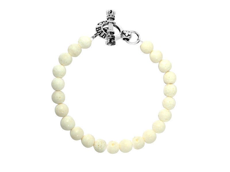 8mm White Coral Bead Bracelet with silver toggle clasp