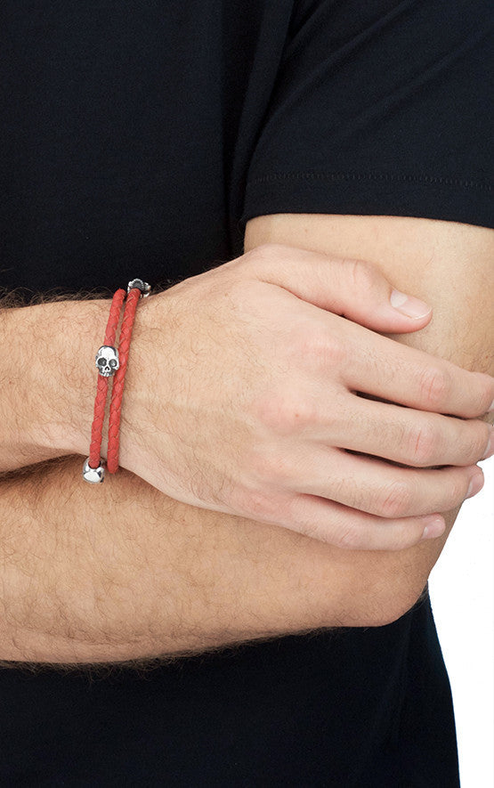 Thin Braided Double Wrap Red Leather Bracelet w/ Three Hamlet Skulls