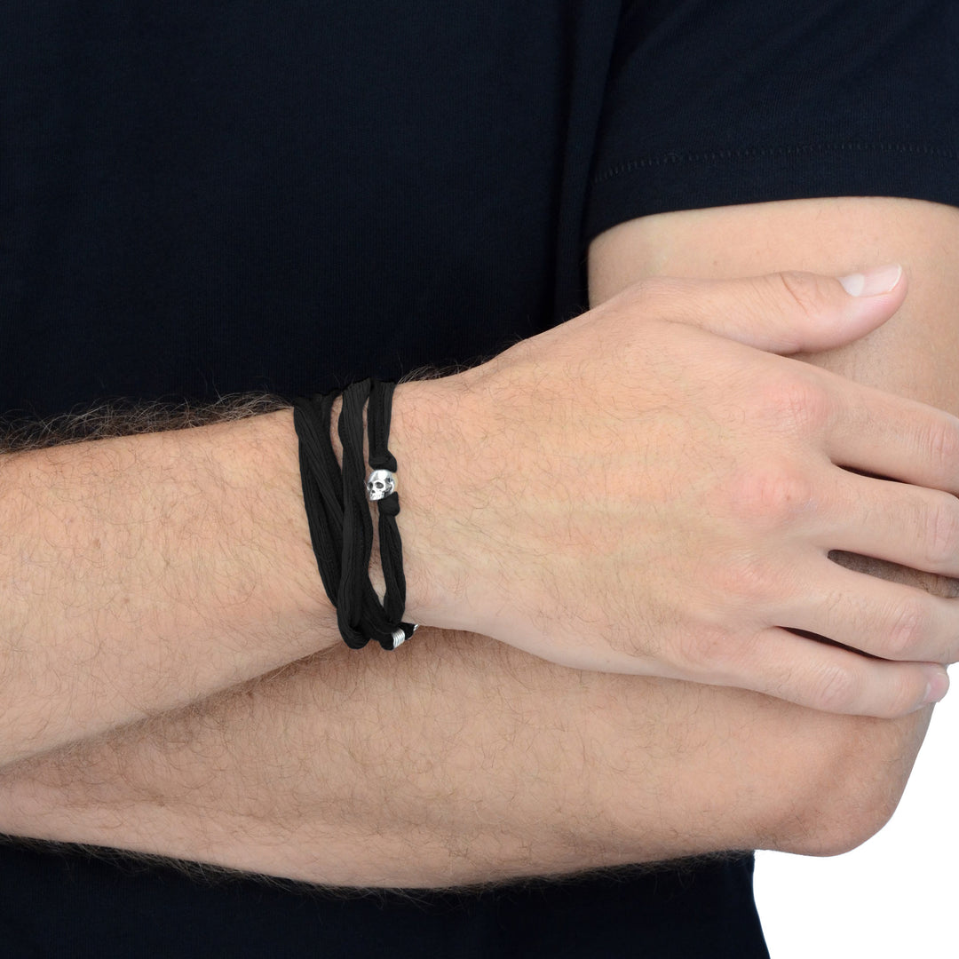 Multi-Wrap Black Silk Bracelet with Skulls