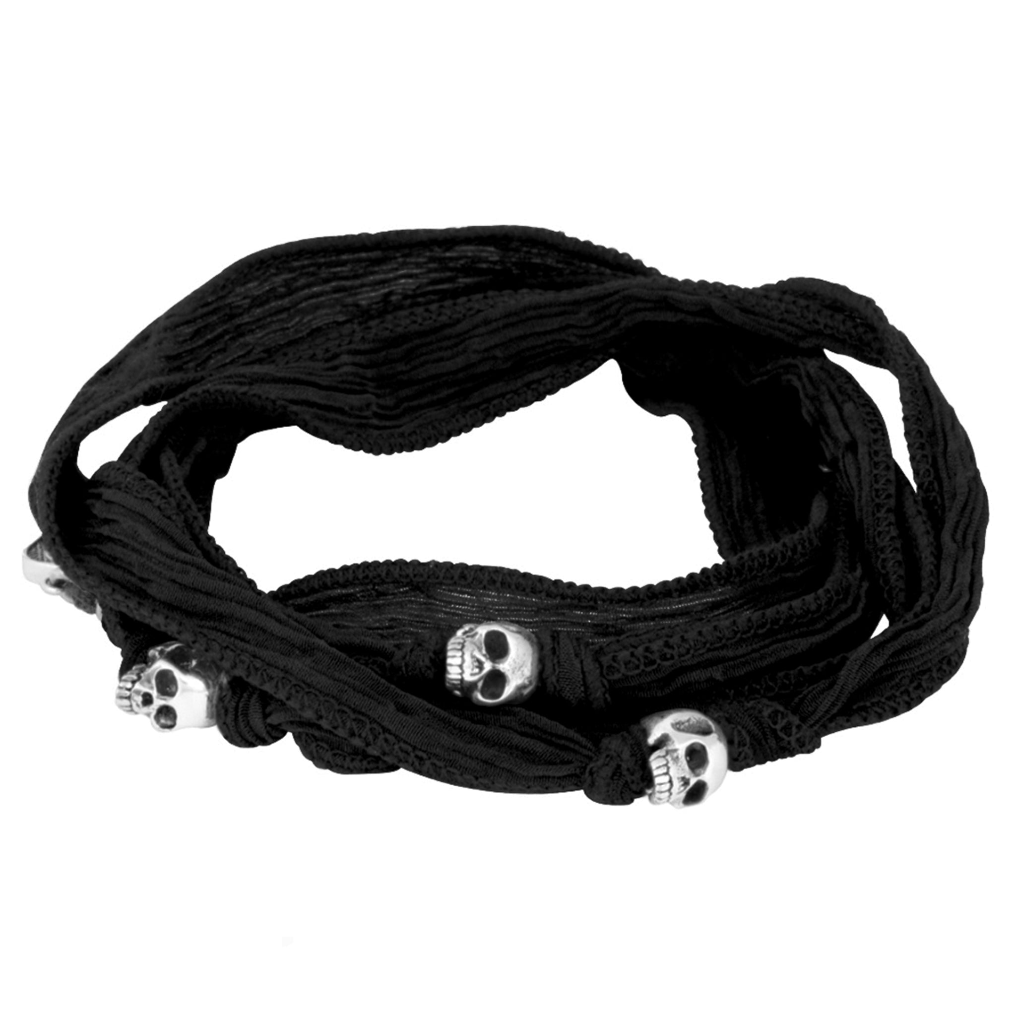 Multi-Wrap Black Silk Bracelet with Skulls