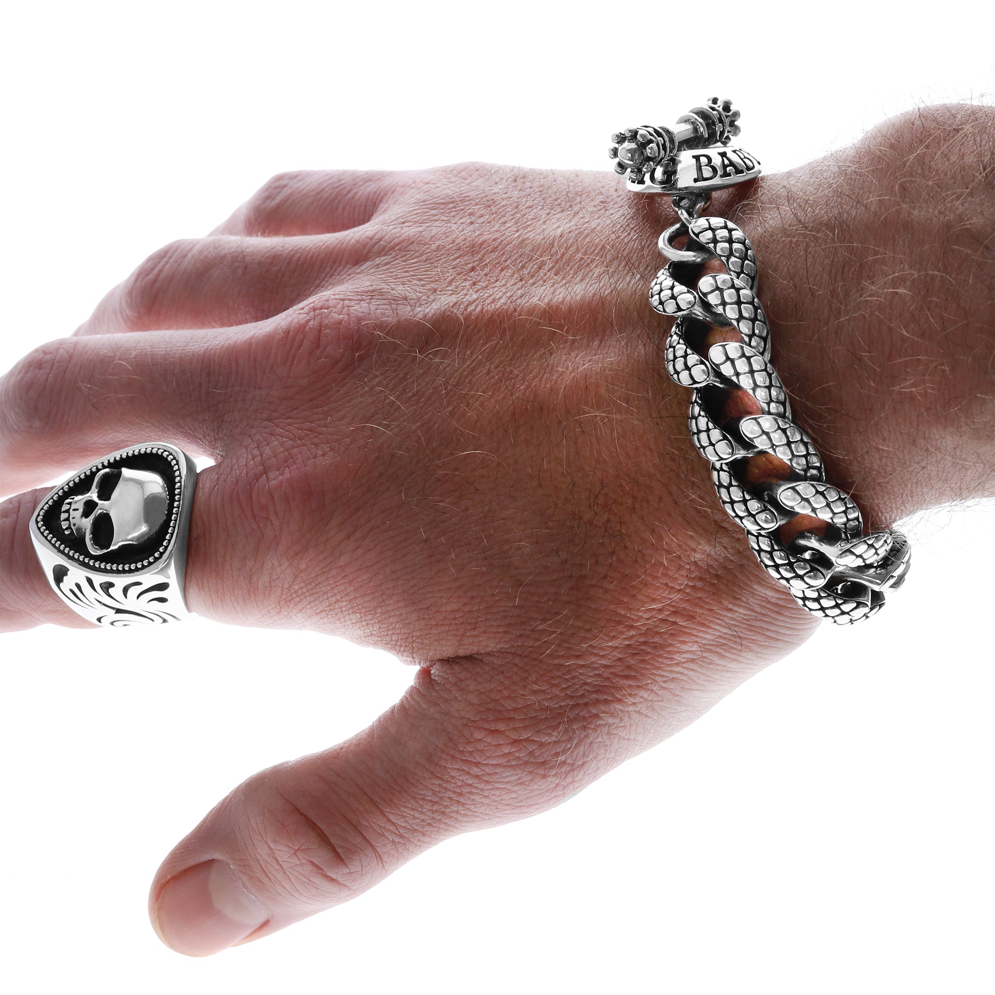 Silver Snake Link Textured Bracelet on model's hand