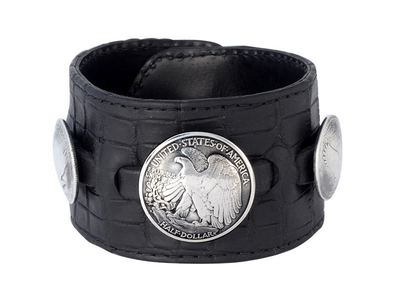 Leather Cuff with Half Dollar and Two Quarter Dollar Coins