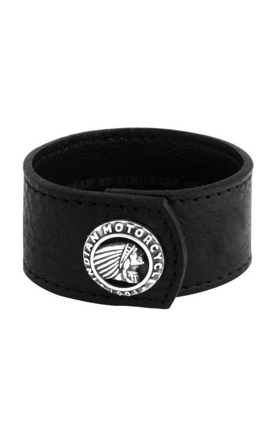 Black Leather Cuff with Indian Logo Silver Button