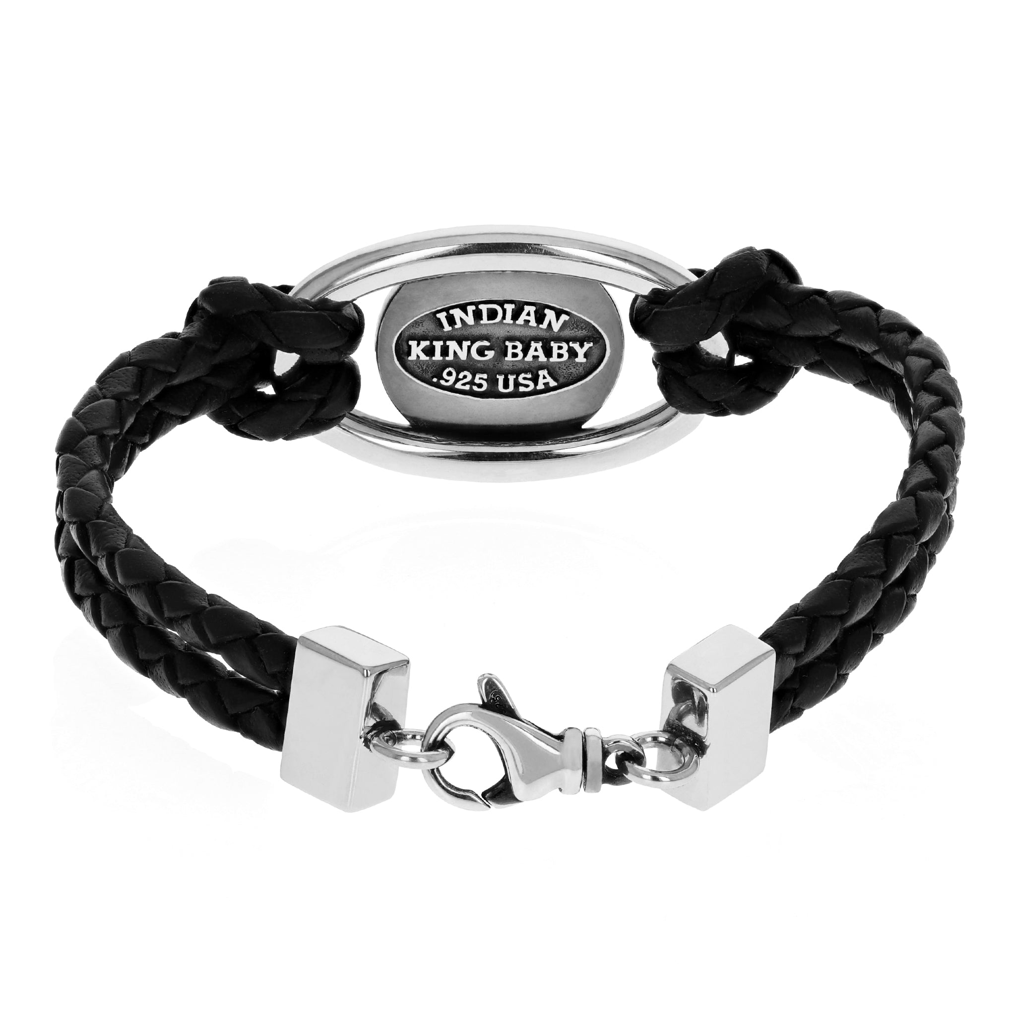 Men's Stainless Steel Clasp Double Black Braid Leather Bracelet