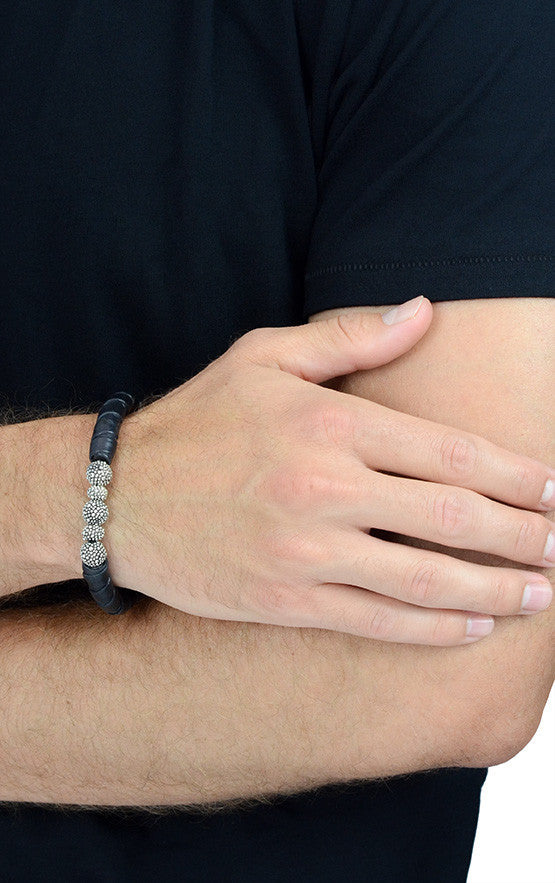 Thin Natural Wrap Black Leather Bracelet w/ Stingray Beads