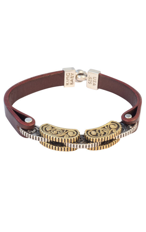Burgundy Leather Strap Bracelet with Rotor Links