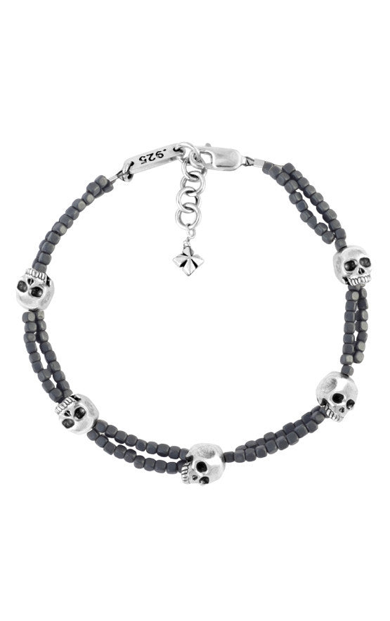 Grey Square Hematite Double Strand Bracelet w/ Skulls