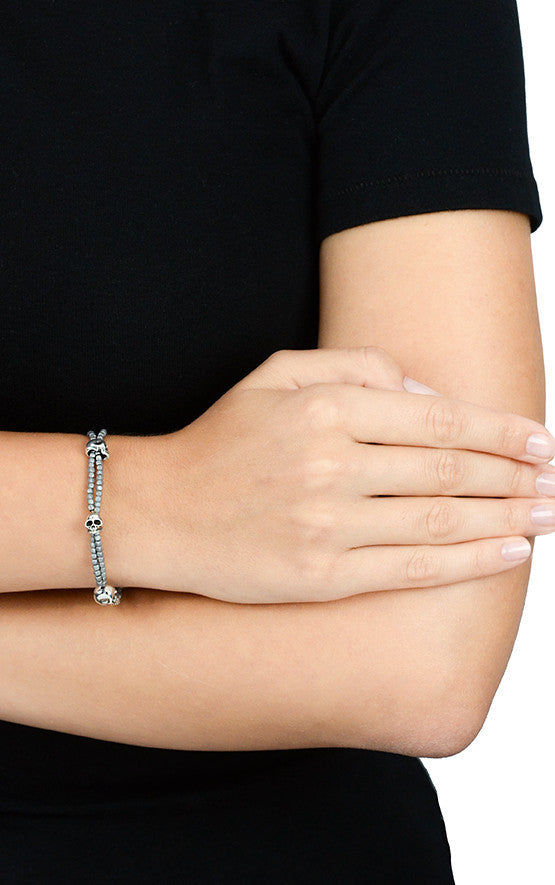 Grey Square Hematite Double Strand Bracelet w/ Skulls