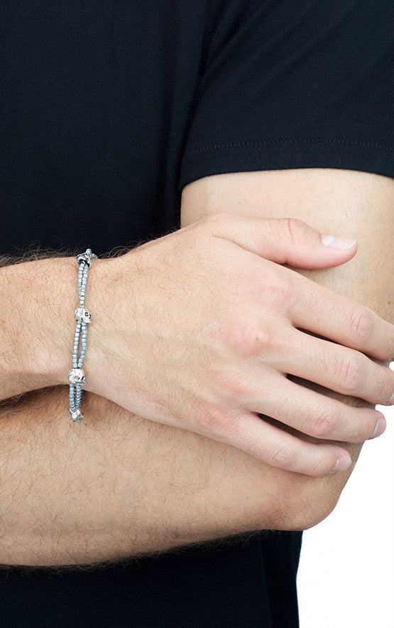 Grey Square Hematite Double Strand Bracelet w/ Skulls