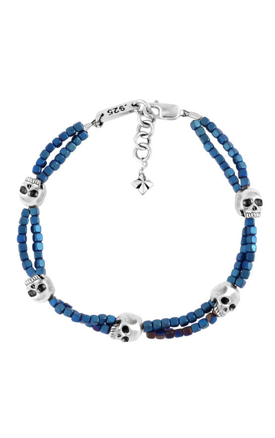 Blue Square Hematite Double Strand Bracelet w/ Skulls