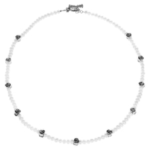 6mm White Pearl Necklace w/ Silver Rose Beads