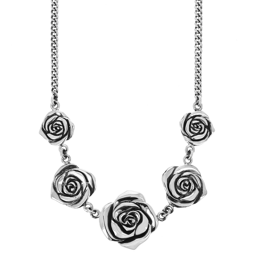 Curblink Chain Necklace with Five Silver Roses