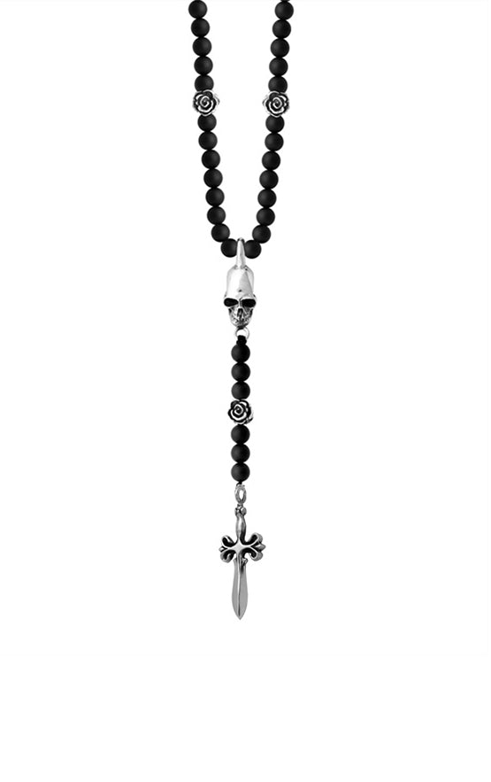 Rosary with 6mm Onyx, Silver Roses, Skull, and Dagger Drop