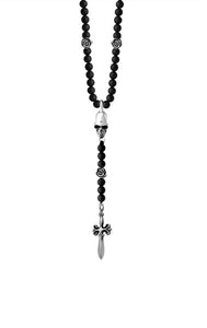 Rosary with 6mm Onyx, Silver Roses, Skull, and Dagger Drop