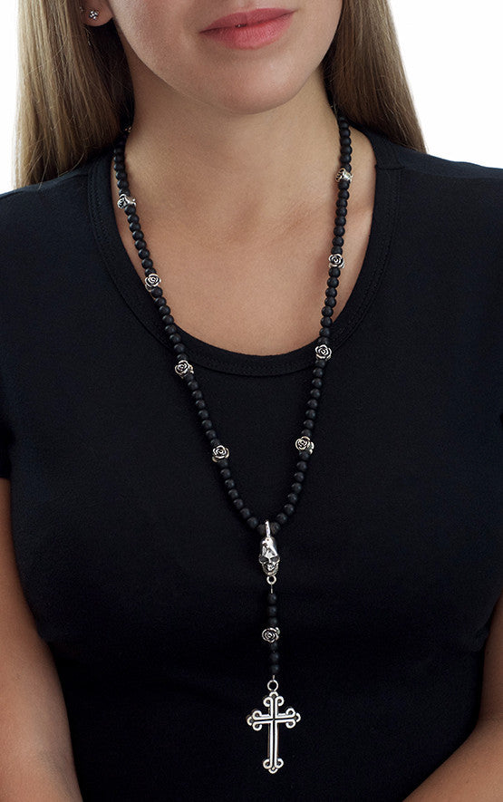 Rosary w/Onyx Beads, Skull and Traditional Cross