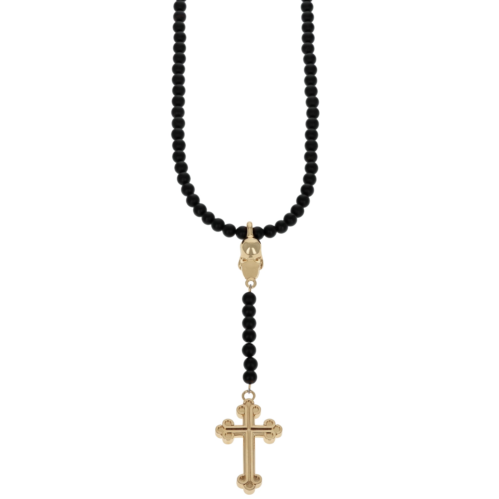Rosary with 8mm Beads, 10K Gold Skull and Traditional Cross w/ T-Bar & Toggle