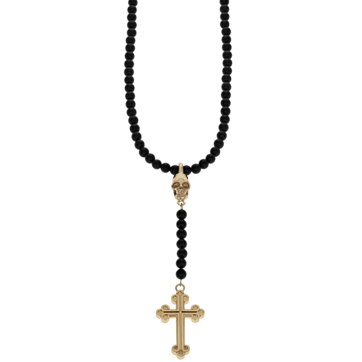 Rosary with 8mm Beads, 10K Gold Skull and Traditional Cross w/ T-Bar & Toggle