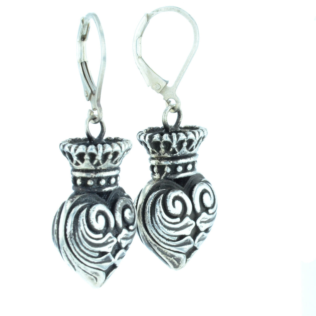 Fine Line Engraved Crowned Heart Earrings