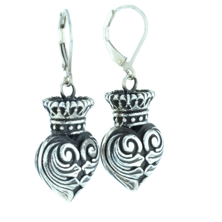 Fine Line Engraved Crowned Heart Earrings