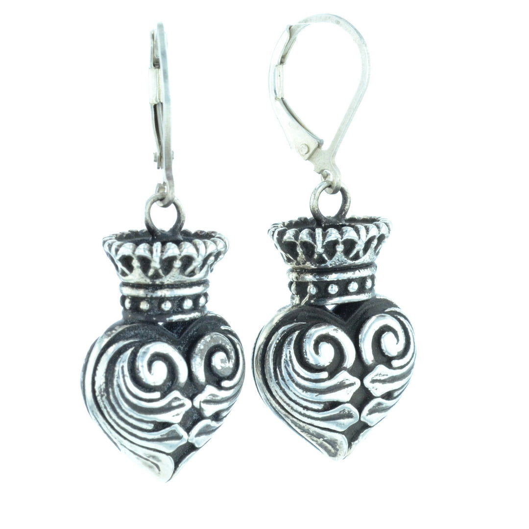 Fine Line Engraved Crowned Heart Earrings