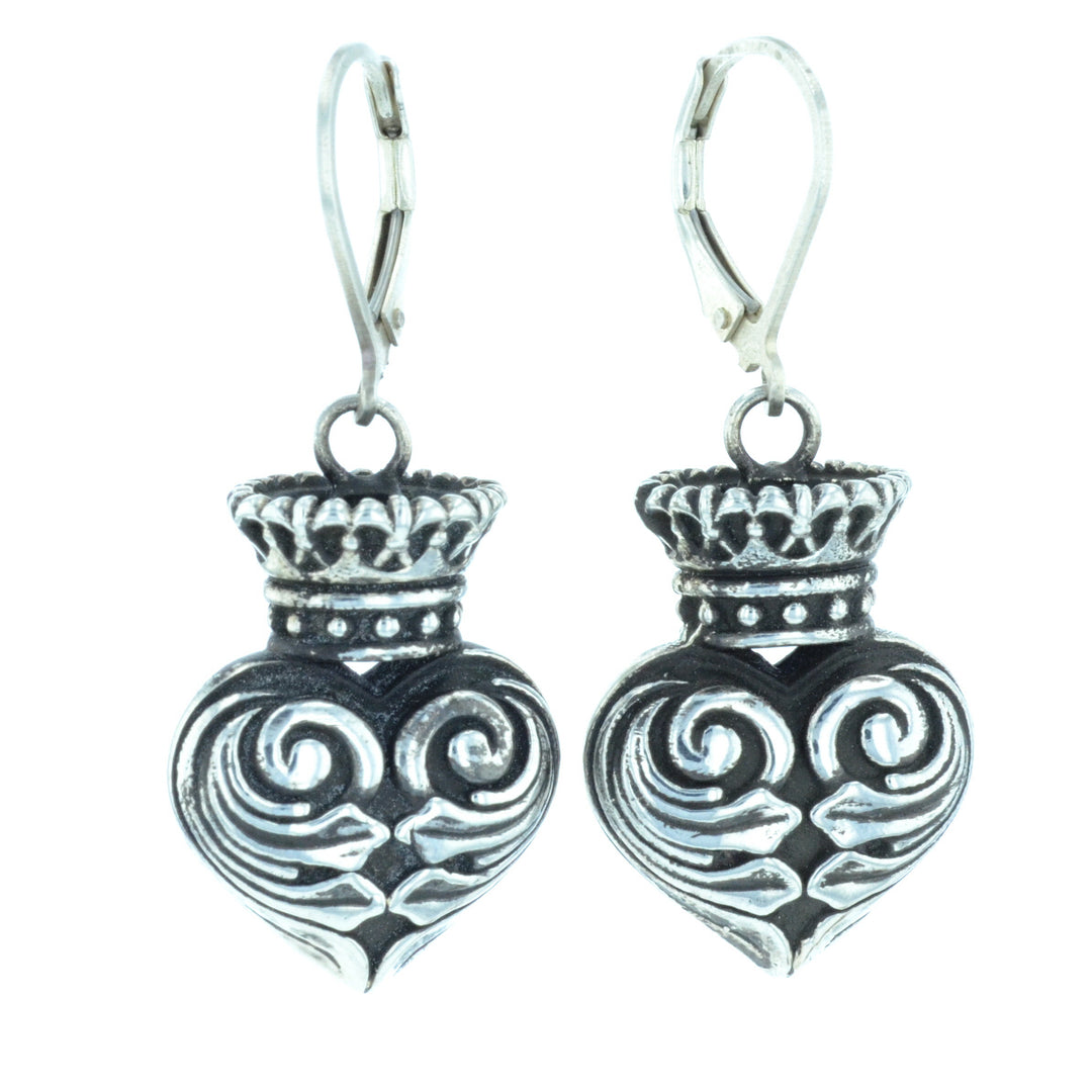 Fine Line Engraved Crowned Heart Earrings