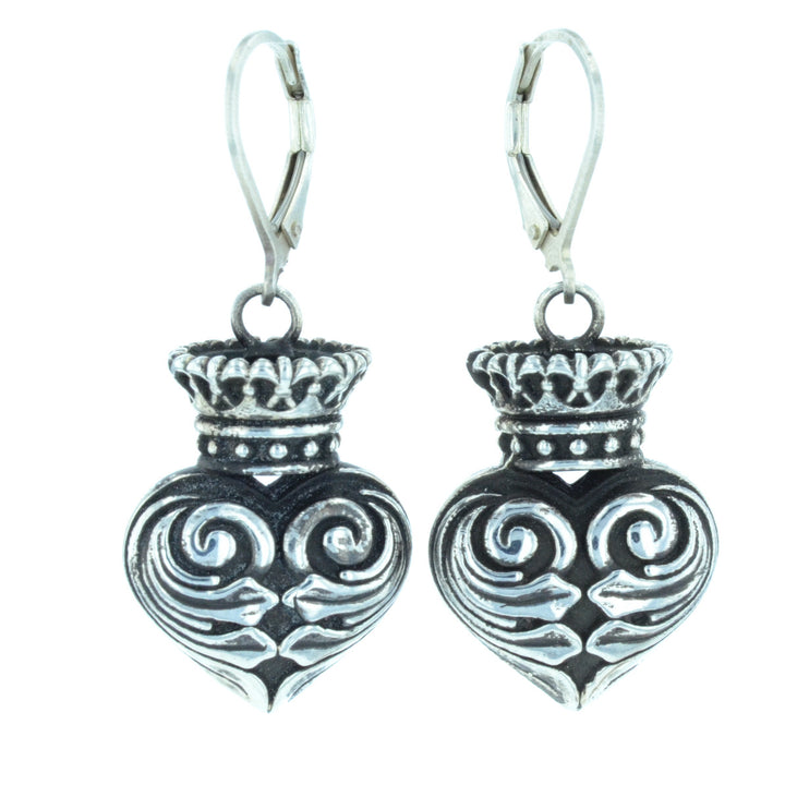 Fine Line Engraved Crowned Heart Earrings