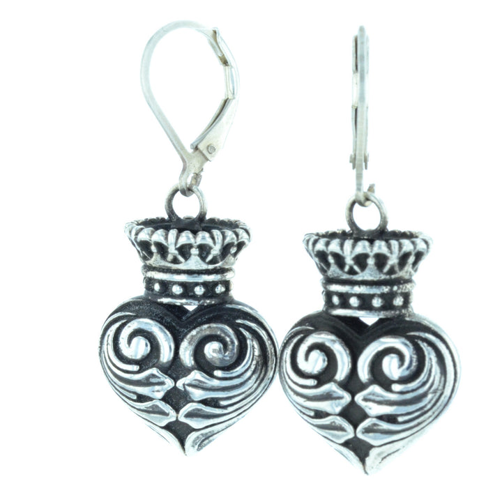 Fine Line Engraved Crowned Heart Earrings