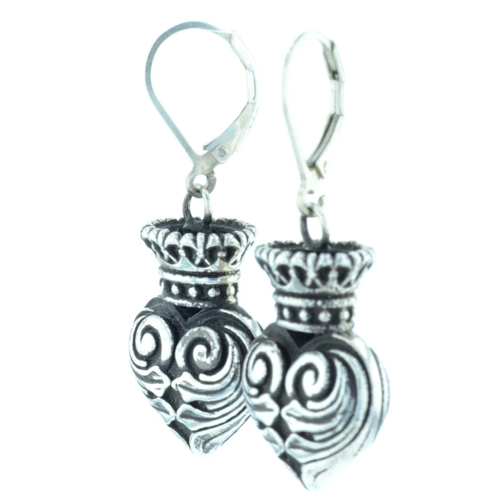 Fine Line Engraved Crowned Heart Earrings