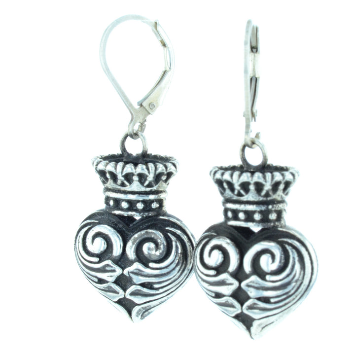 Fine Line Engraved Crowned Heart Earrings