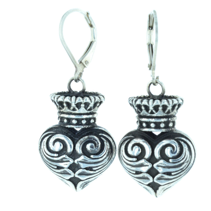 Fine Line Engraved Crowned Heart Earrings