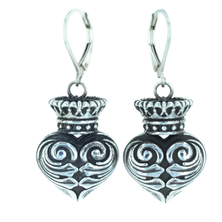 Fine Line Engraved Crowned Heart Earrings