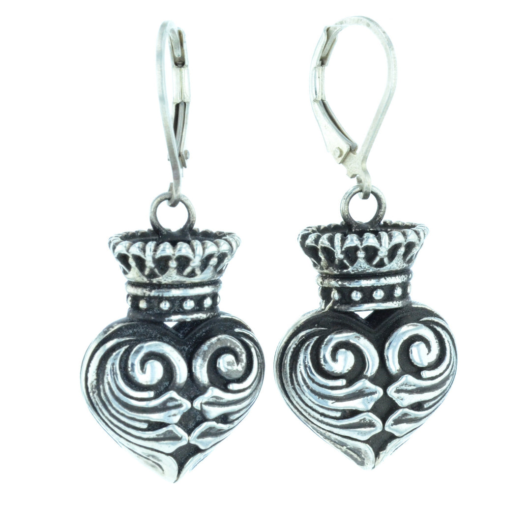 Fine Line Engraved Crowned Heart Earrings