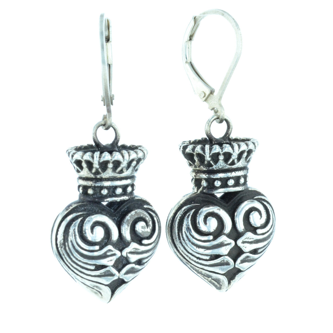 Fine Line Engraved Crowned Heart Earrings