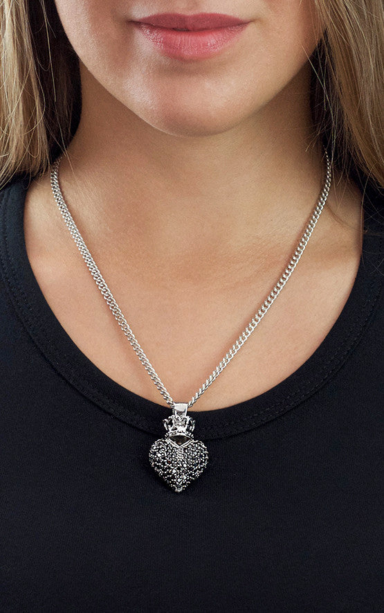 Large 3D Pave Black CZ Crowned Heart Pendant