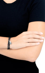 Three Strand Black Spinel Bracelet w/Black Pave CZ Crowned Heart modeled on a women's wrist