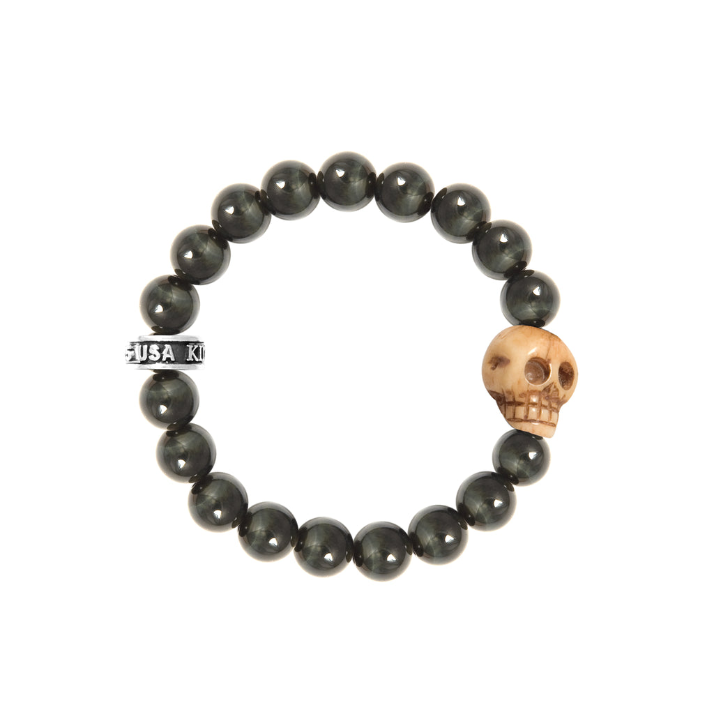 10mm Blue Tiger Eye Bracelet w/Bone Skull