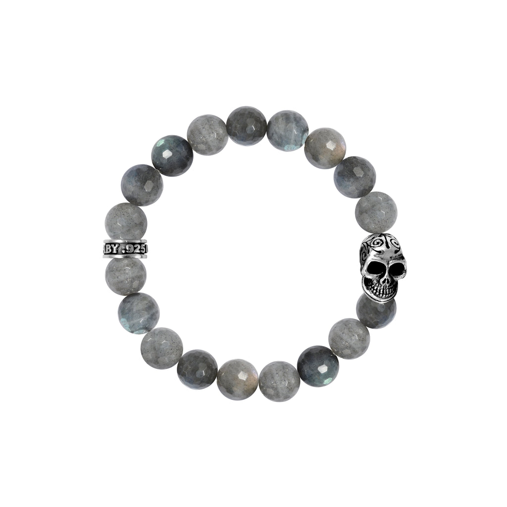 10mm Labradorite Bead Bracelet w/Day of the Dead Skull