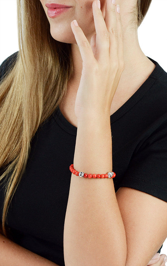 6mm Red Coral Bead Bracelet w/ 4 Skulls