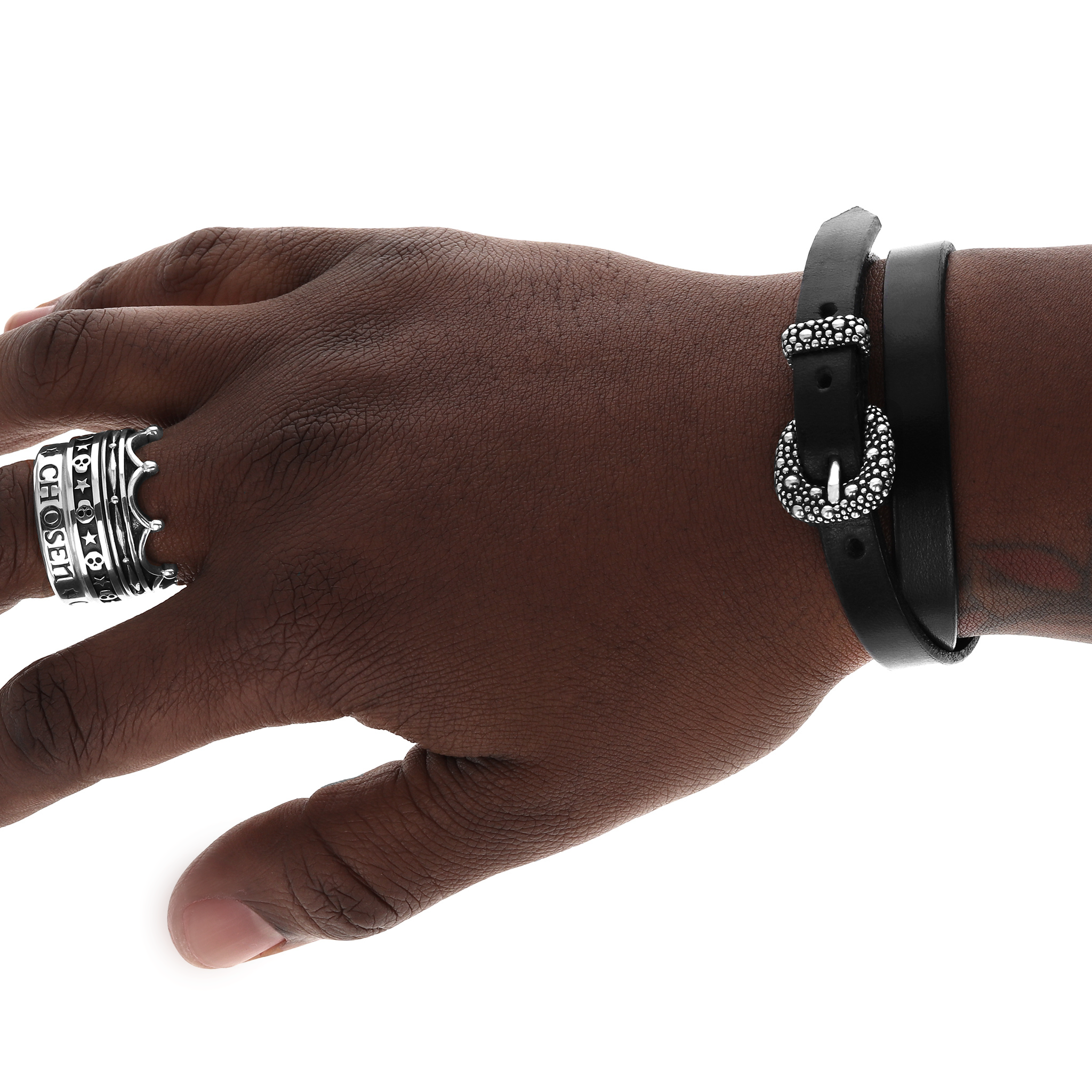 Black Double Wrap Leather Bracelet with Stingray Buckle on model's wrist