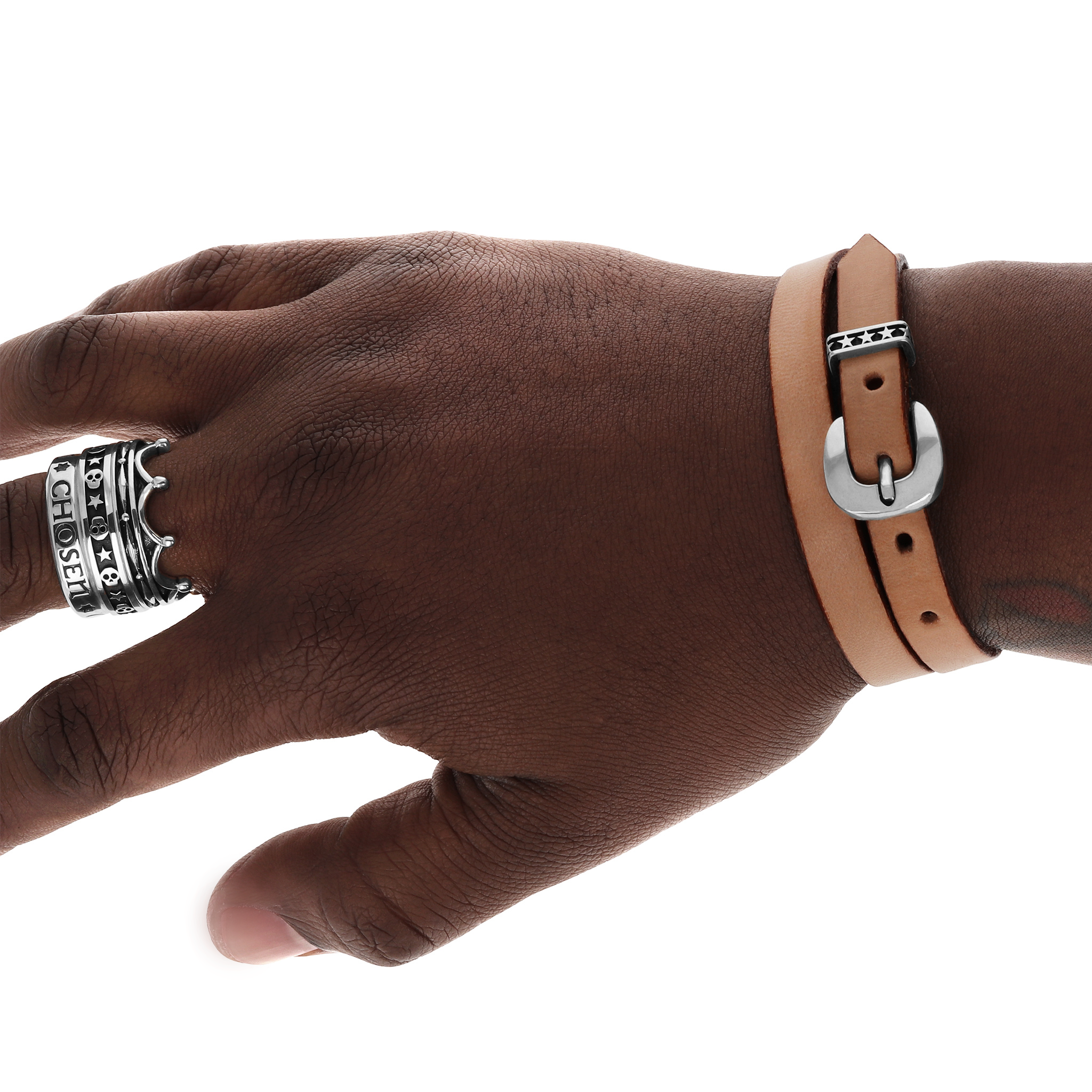 Brown Double Wrap Leather Bracelet with Buckle and Stars on model's wrist