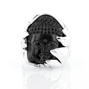 Jet Buddha Hidden in Silver Lotus Ring