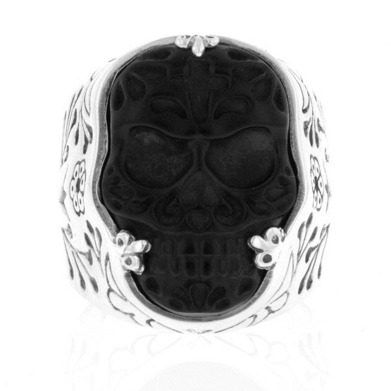 Carved Jet Day of the Dead Skull in Silver Frame Ring