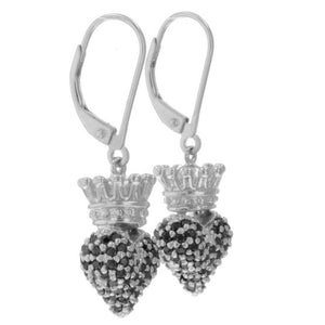 Small 3D Crowned Heart w/Pave Black CZ Leverback Earrings