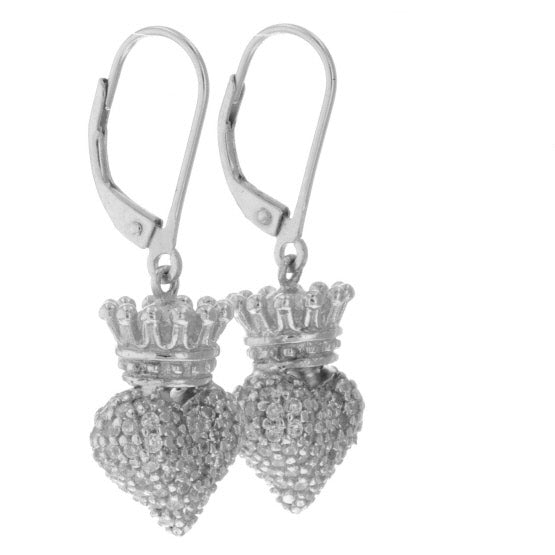 Small 3D Crowned Heart w/Pave CZ Leverback Earrings