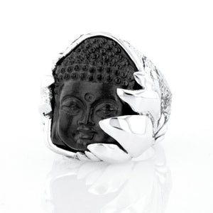 Jet Buddha Hidden in Silver Lotus Ring